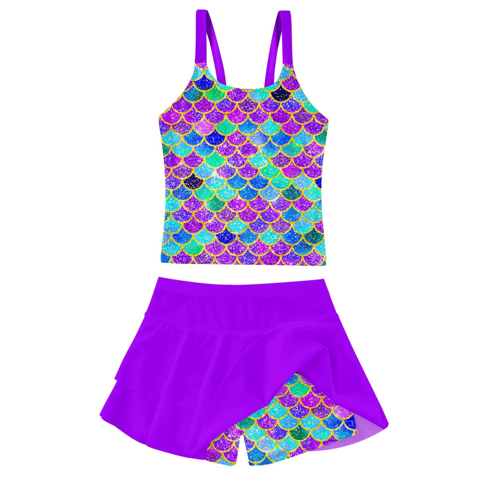 Lanbubble Girls Tankini Swimsuit Two Piece Bathing Suits Summer Beach Swimwear with Skirt Shorts Sequins 7-12Y