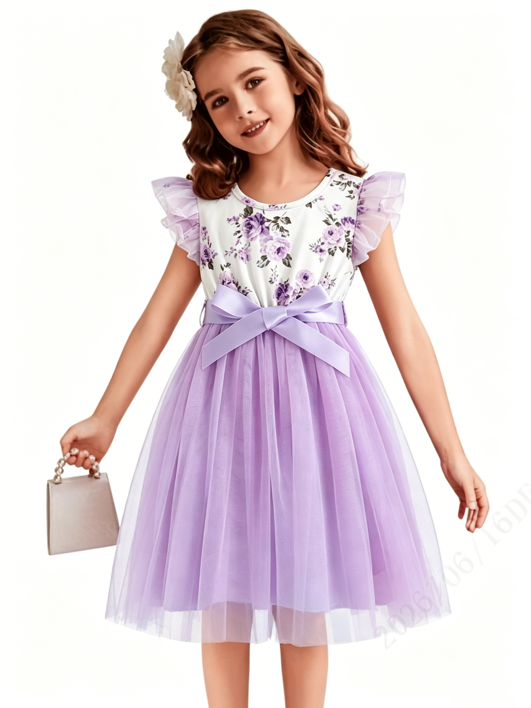 Lanbubble Toddler Girls Floral Tutu Dress Fluffy Ruffle Sleeve Dresses Casual Party Tulle Princess Sundress for Kids 3-7 Years