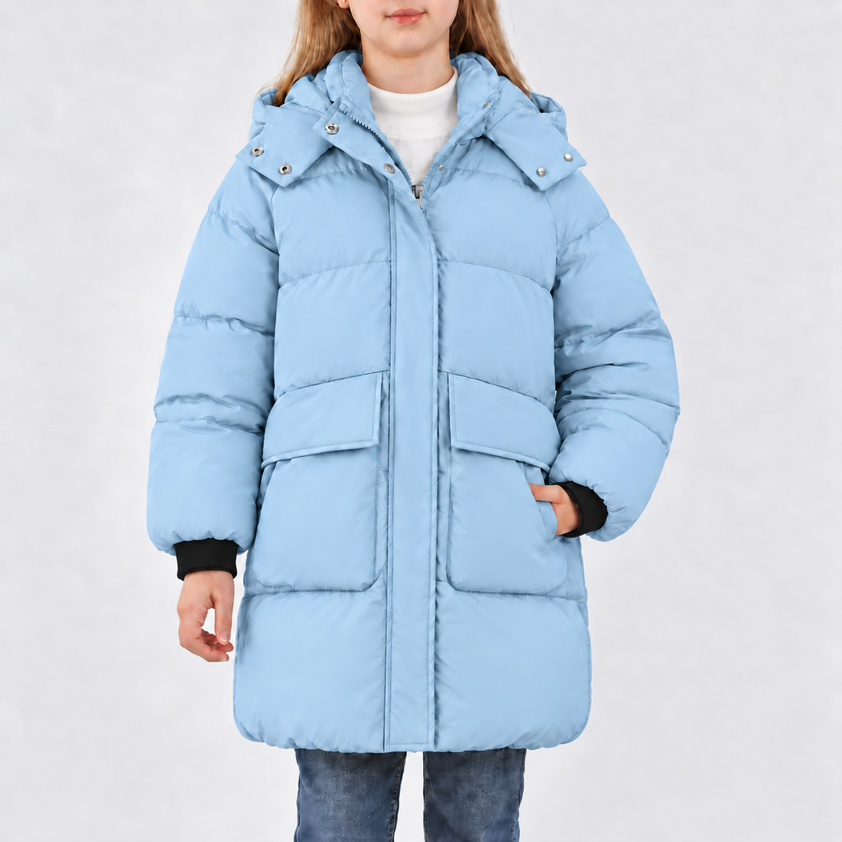 Lanbubble Girls Winter Coat Hooded Puffer Jacket Mid-Lenght Outerwear with Large Pockets 7-14Y