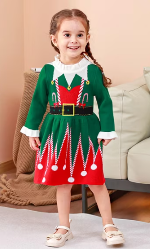 Lanbubble Girls Ugly Christmas Sweater Dress Long Sleeve Knit Ruffle-Trim A-Line Holiday Outfit for Kids 2-9 Years