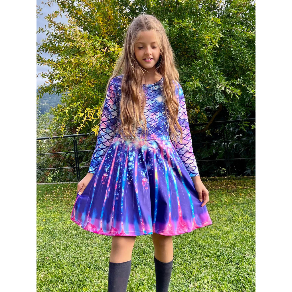 Lanbubble Girls Long Sleeve Dress Mermaid Printed Casual Dress Twirly Skater Dresses 5-13 Years