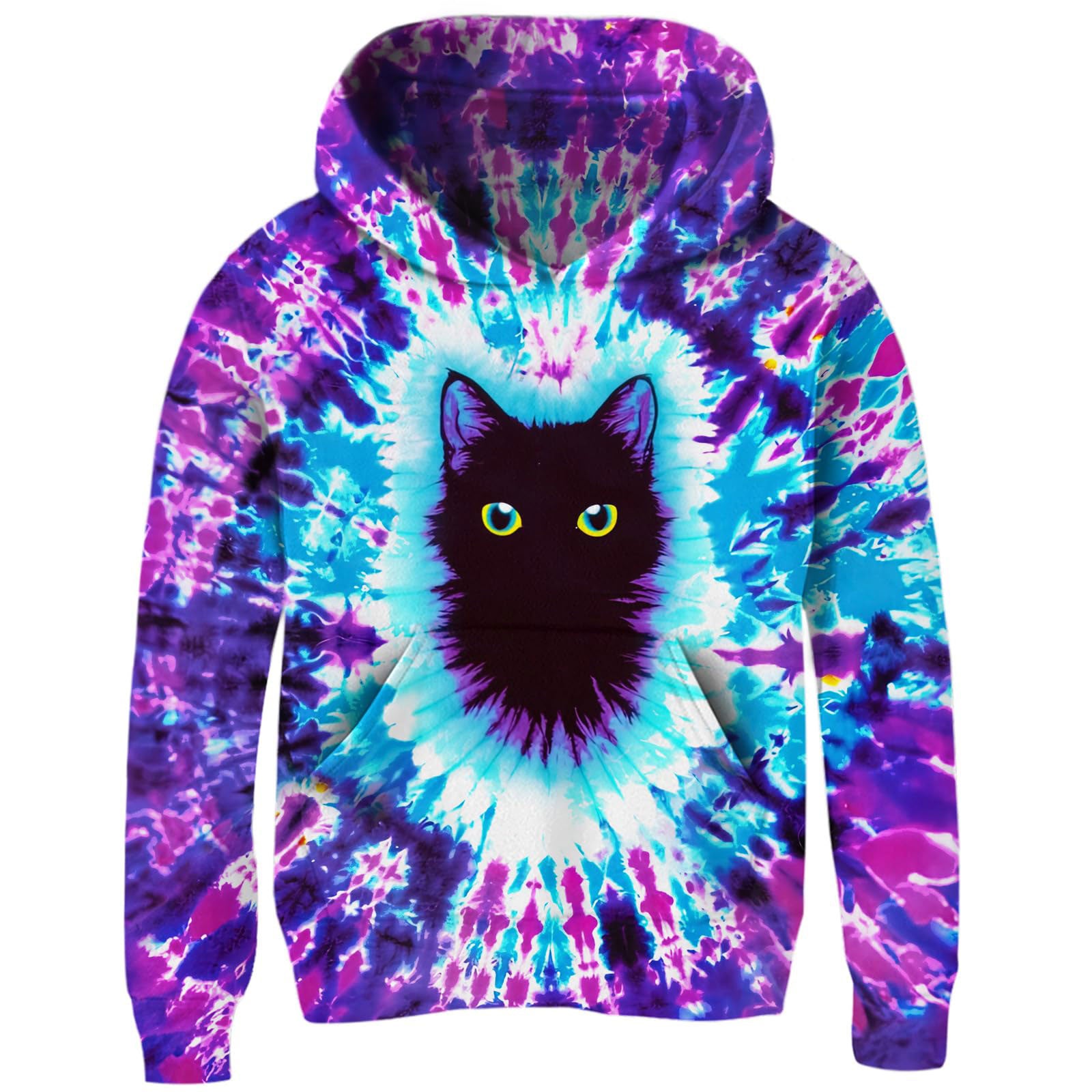 Lanbubble Unisex Kids Sweatshirt For Girls 4-14 Years Tie Dye Cat Hooded Kangaroo Pocket Pullover Hoodies
