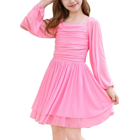 Lanbubble Girls Dresses Puff Long Sleeve Square Neck Homecoming Dress Cute A-Line White Dress For Teens 8-14 Years