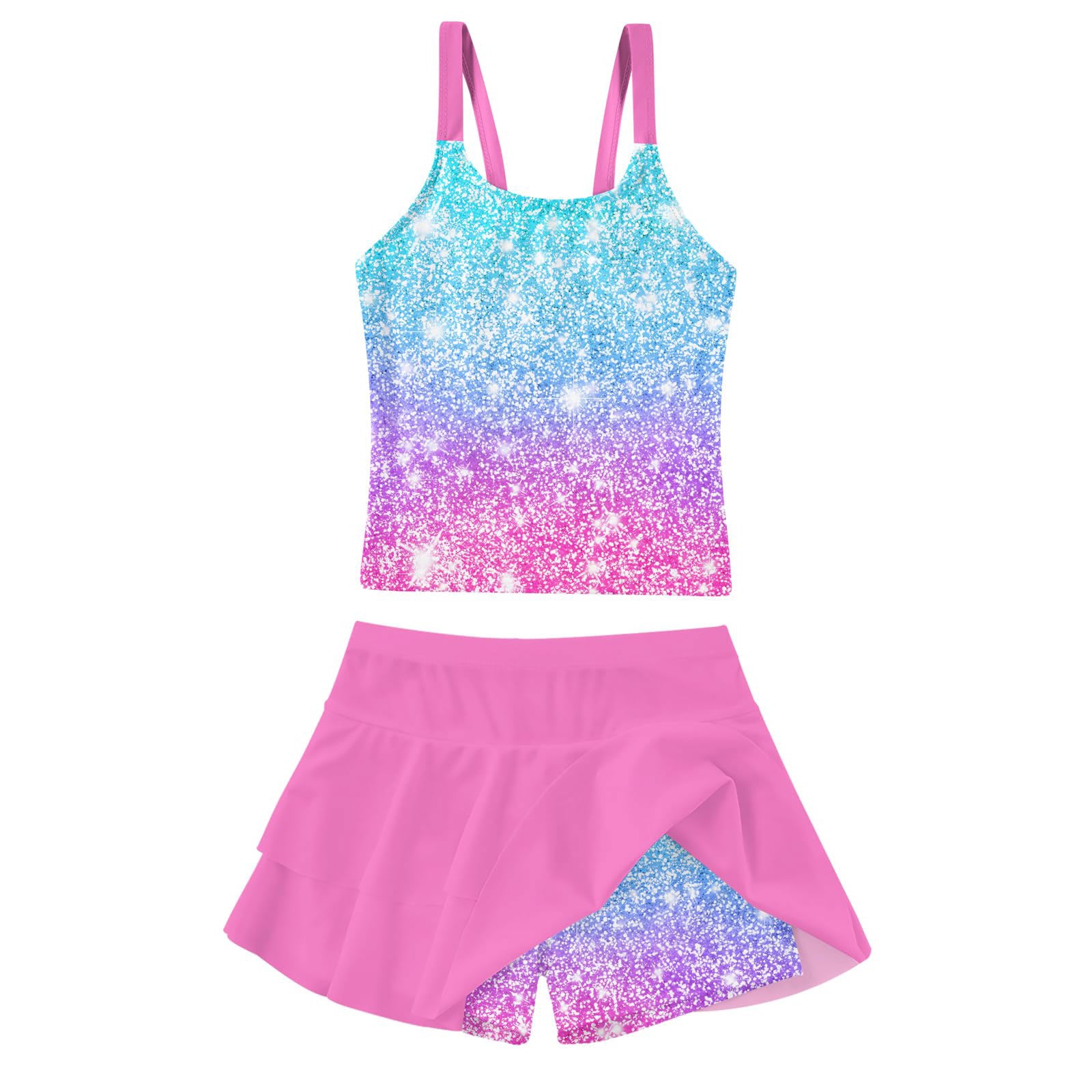 Lanbubble Girls Tankini Swimsuit Two Piece Bathing Suits Summer Beach Swimwear with Skirt Shorts Sequins 7-12Y