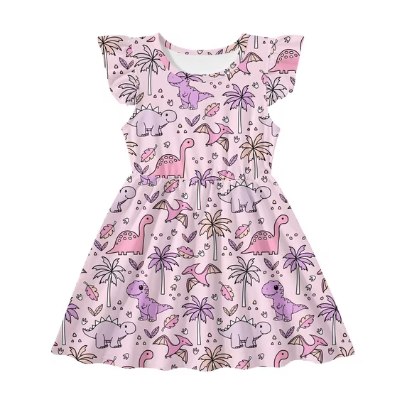Lanbubble Toddler Girls Dress Summer Casual Sundress Ruffle Flutter Sleeveless Dinosaur Dresses 5-6 Years