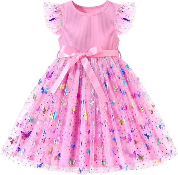 Lanbubble Toddler Baby Girls Rainbow Tutu Dresses Tulle Dress Party Princess Sequins Sundress Ruffle Sleeveless 2-6Years