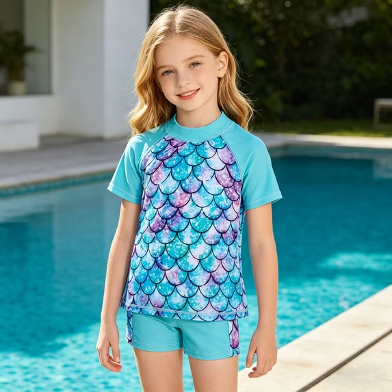 Lanbubble Girls Rash Guard Swimsuit Set Short Sleeve UPF 50+ 2 Pieces Bathing Suit 5-6 Years