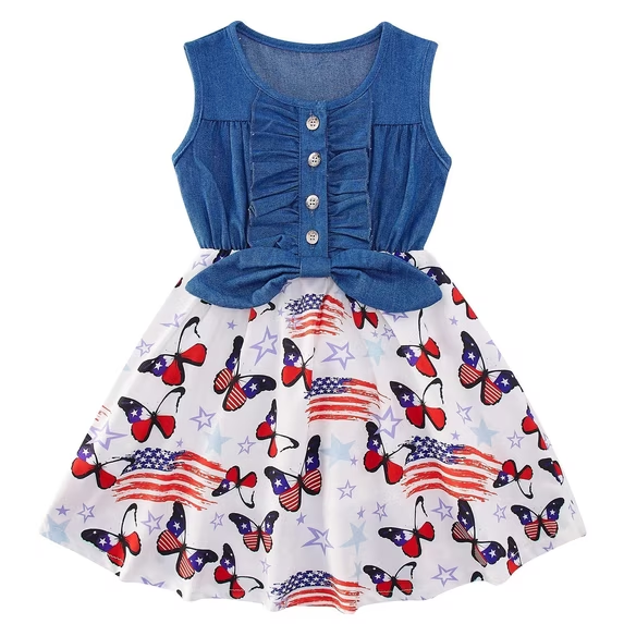Lanbubble Girls Dresses Sleeveless Denim Dress Ruffle Bowknot Front A-Line Casual Sundress Rainbow Unicorn Dress for Kids 2-8T