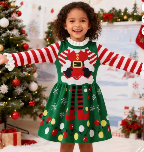 Lanbubble Girls Ugly Christmas Sweater Dress Long Sleeve Knit Ruffle-Trim A-Line Holiday Outfit for Kids 2-9 Years