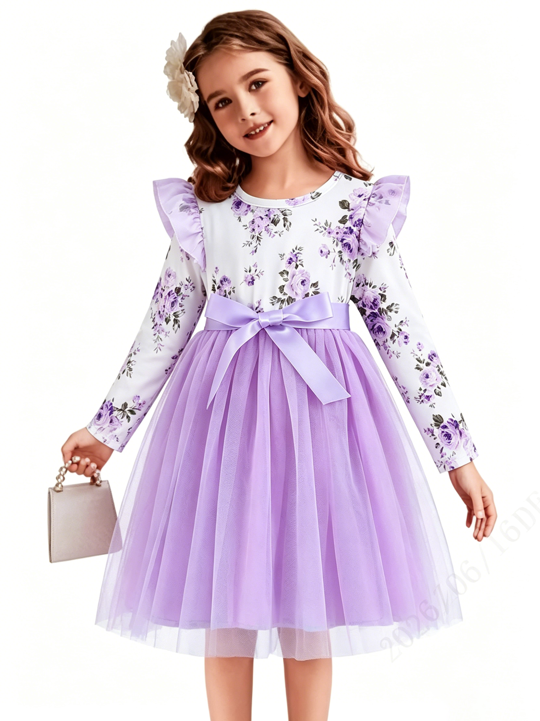 Lanbubble Toddler Girls Floral Tutu Dress Fluffy Ruffle Sleeve Dresses Casual Party Tulle Princess Sundress for Kids 3-7 Years