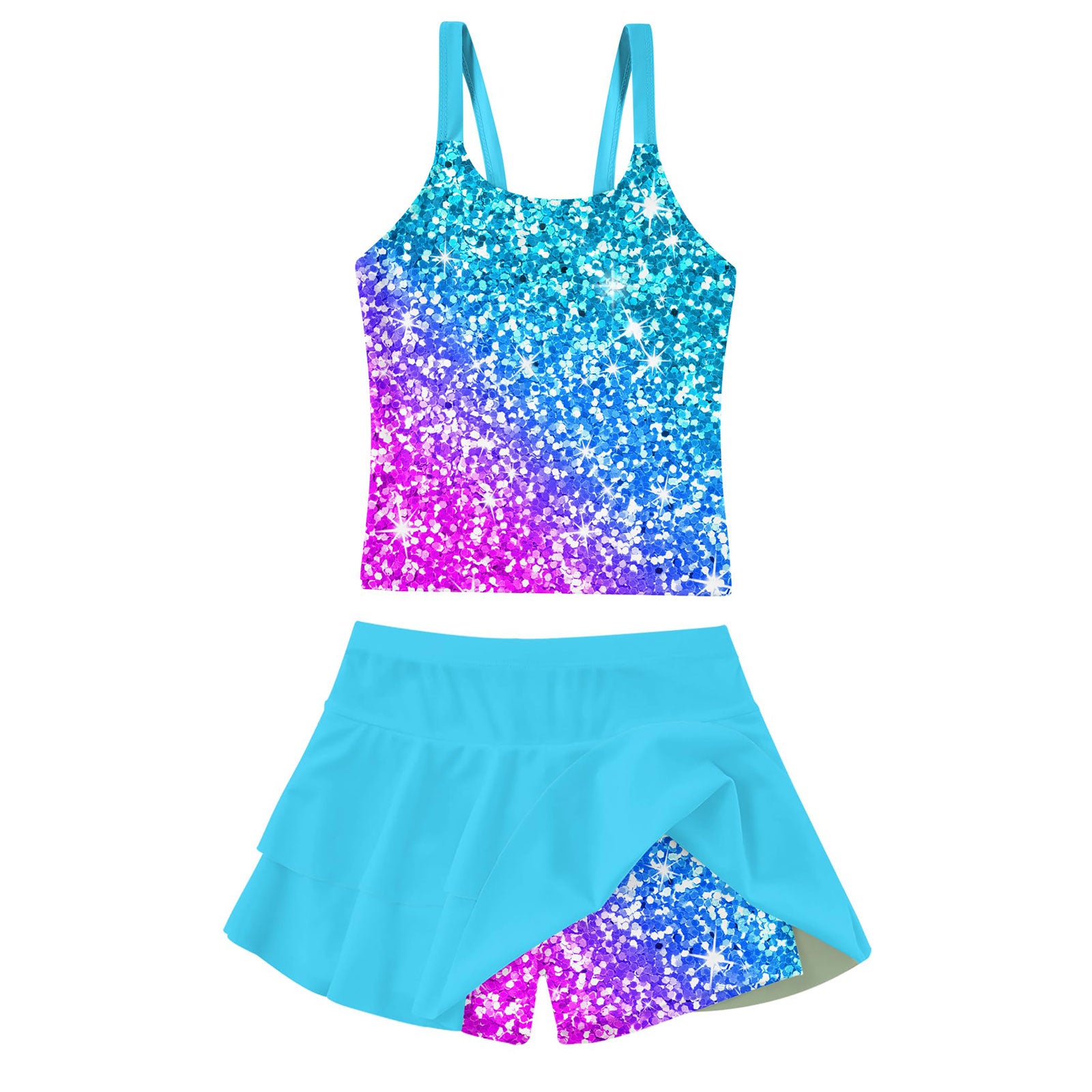 Lanbubble Girls Tankini Swimsuit Two Piece Bathing Suits Summer Beach Swimwear with Skirt Shorts Sequins 7-12Y