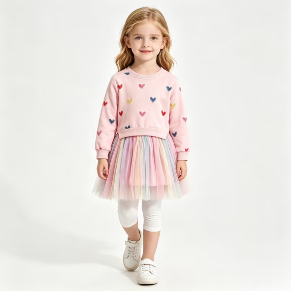 Lanbubble Girls Dresses Long Sleeve Sweat Party Dress With Sequin Tulle Skirt 3-7 Years