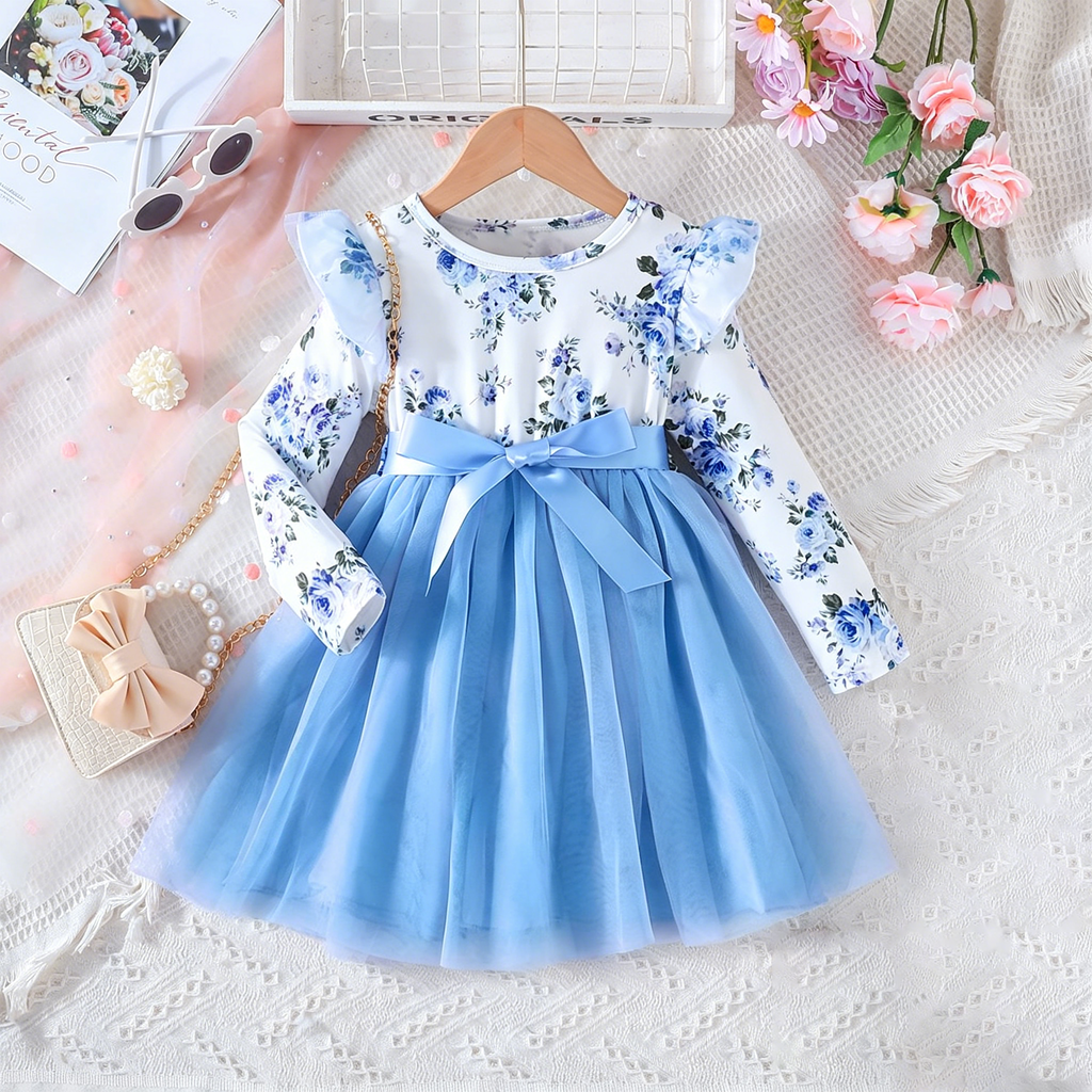 Lanbubble Girls Floral Tutu Dress Long Sleeve Tulle Princess Party Dress 3-7 Years