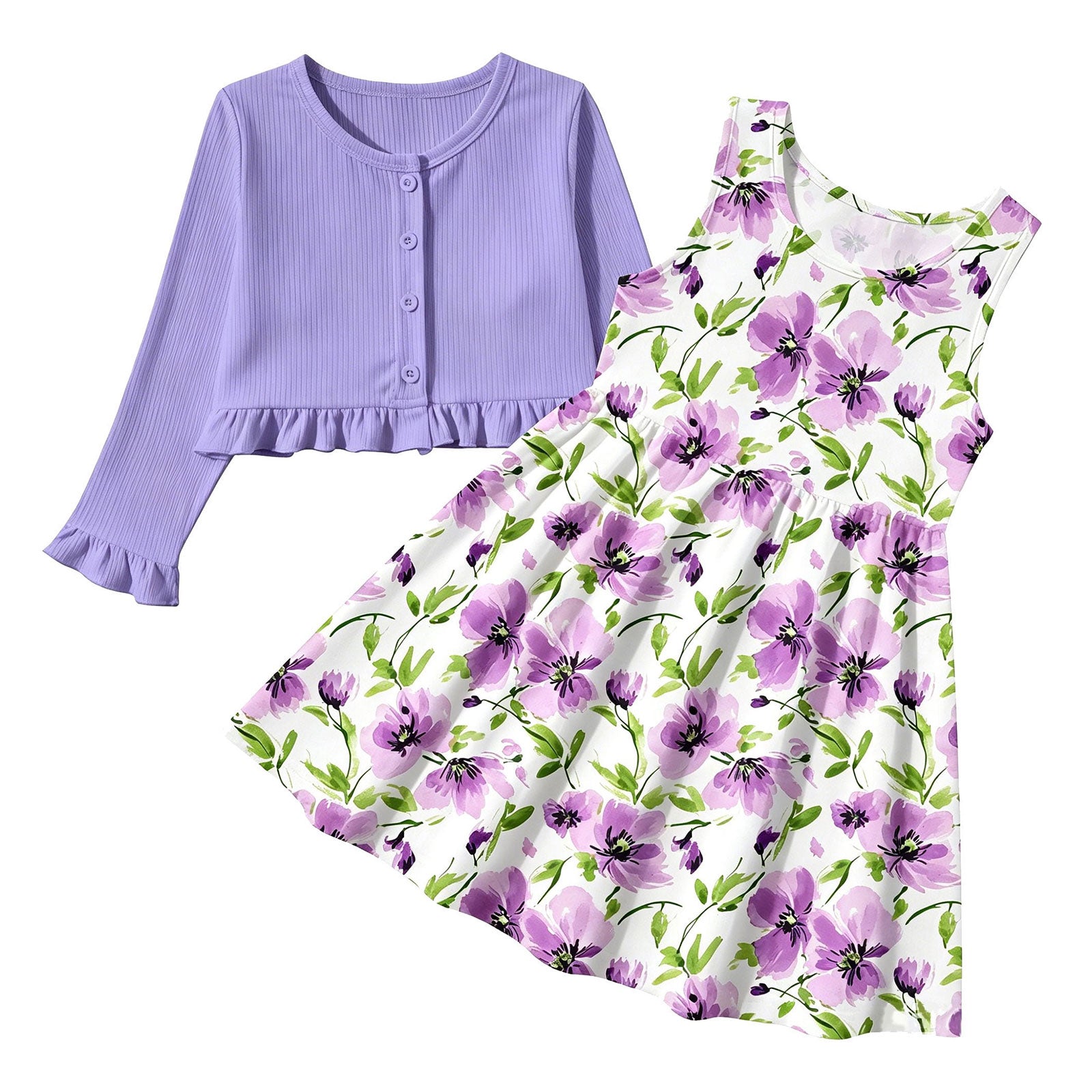 Lanbubble Toddler Girl Sleeveless Dresses and Long Sleeve Ruffle Cardigan 2 Piece Fall Outfits Set for 3-7T