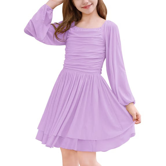 Lanbubble Girls Dresses Puff Long Sleeve Square Neck Homecoming Dress Cute A-Line White Dress For Teens 8-14 Years