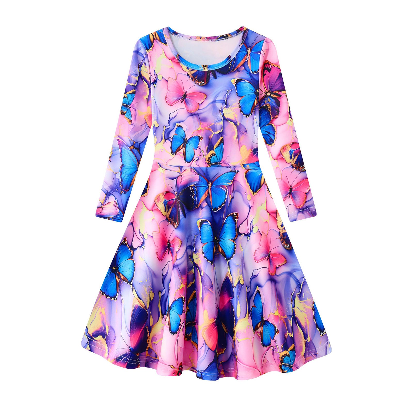 Lanbubble Girls Long Sleeve Dress Mermaid Printed Casual Dress Twirly Skater Dresses 5-13 Years