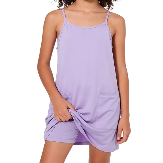 Lanbubble Girls Dress with Shorts Casual Spaghetti Straps Romper Dresses with Pockets 8-14 Years