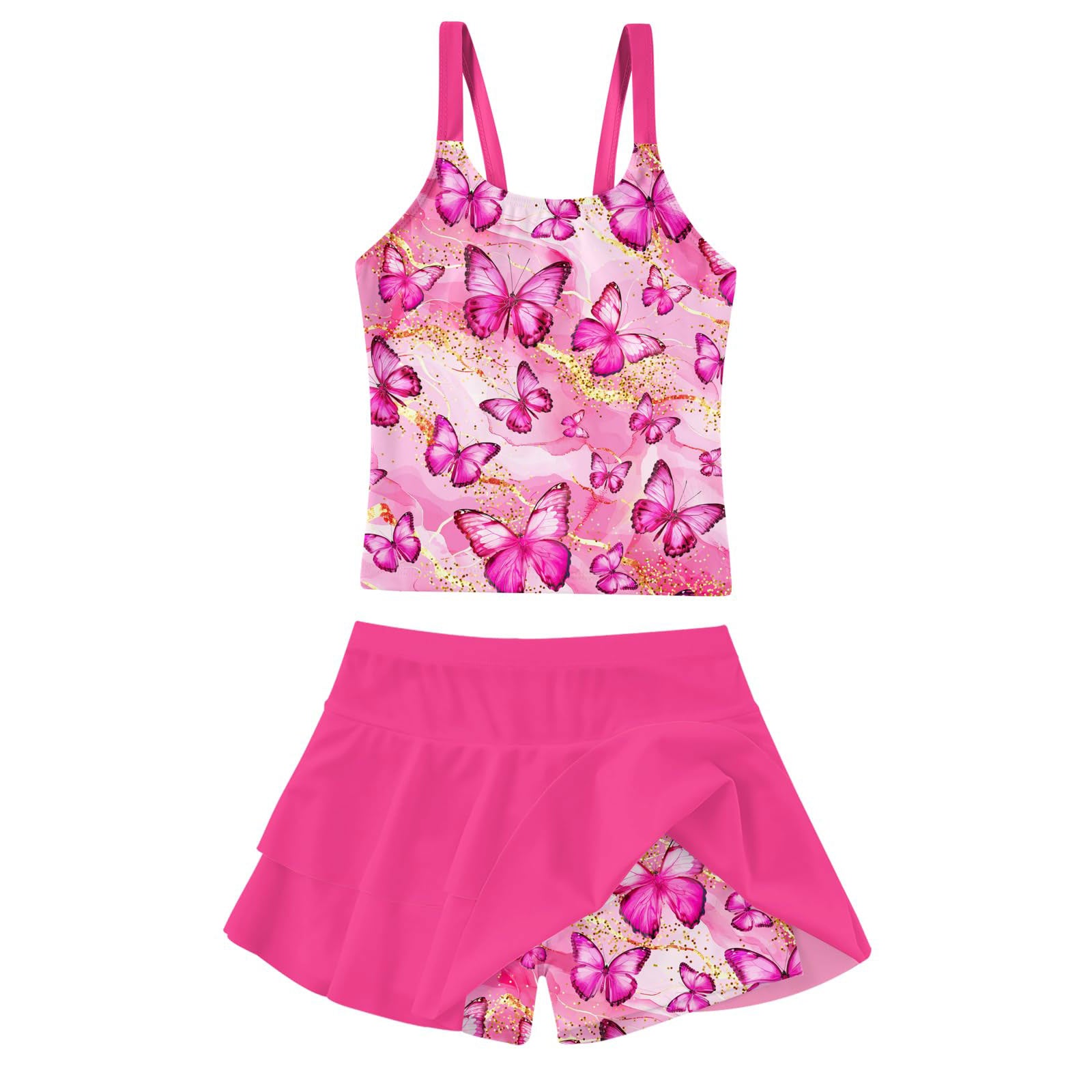 Lanbubble Girls Tankini Swimsuit Two Piece Bathing Suits Summer Beach Swimwear with Skirt Shorts Sequins 7-12Y