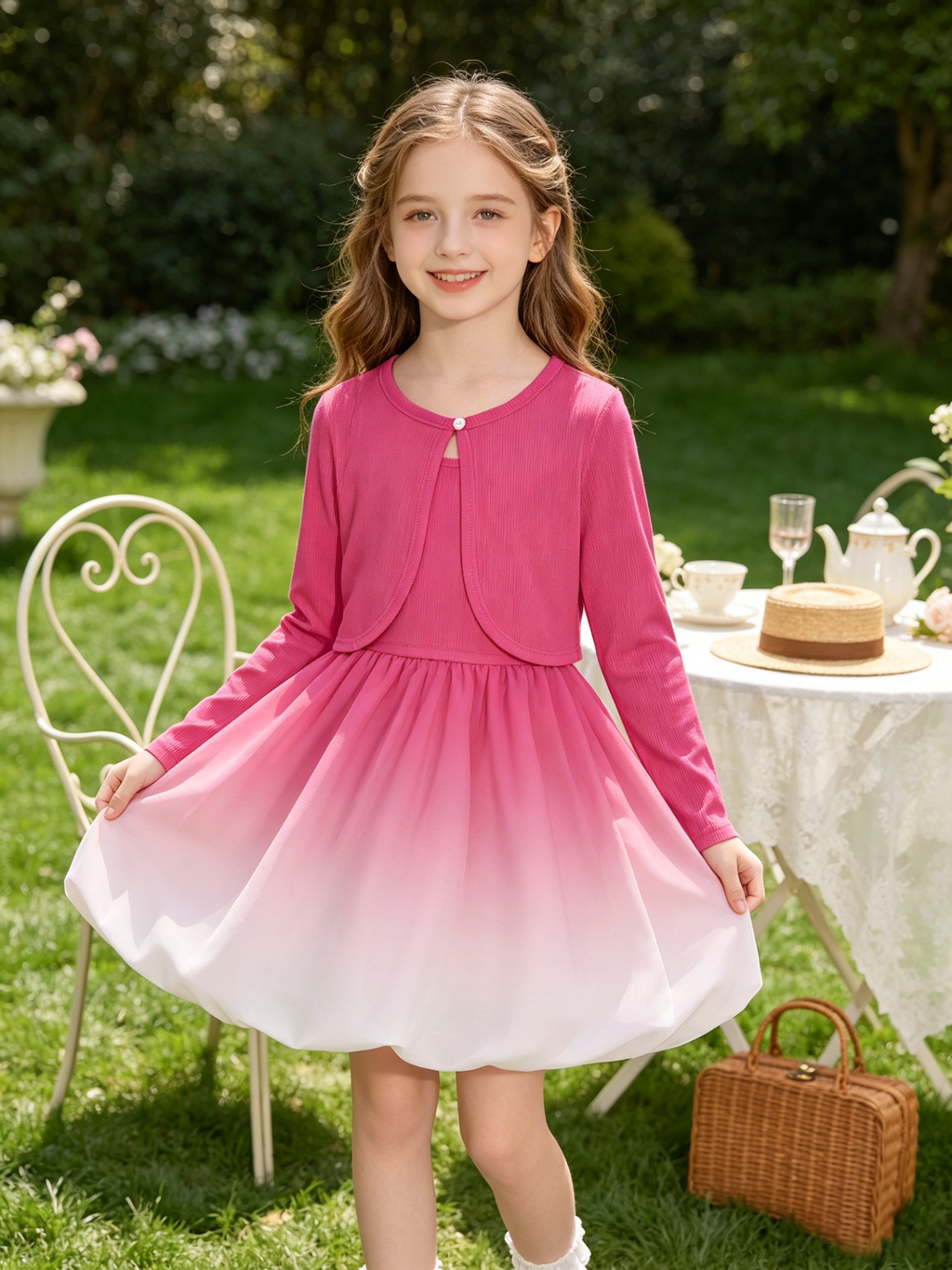 Lanbubble Girls 2 Piece Dress Set Sleeveless Bubble Dress with Cardigan & Side Pockets for Party Daily Wear Size 5-12Y