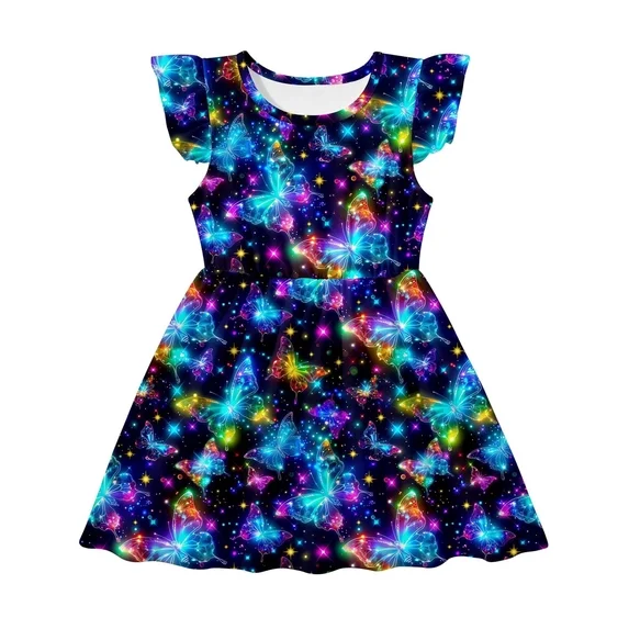 Lanbubble Toddler Girls Dress Summer Casual Sundress Ruffle Flutter Sleeveless Dinosaur Dresses 5-6 Years