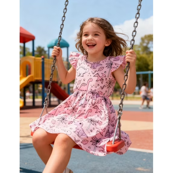 Lanbubble Toddler Girls Dress Summer Casual Sundress Ruffle Flutter Sleeveless Dinosaur Dresses 5-6 Years