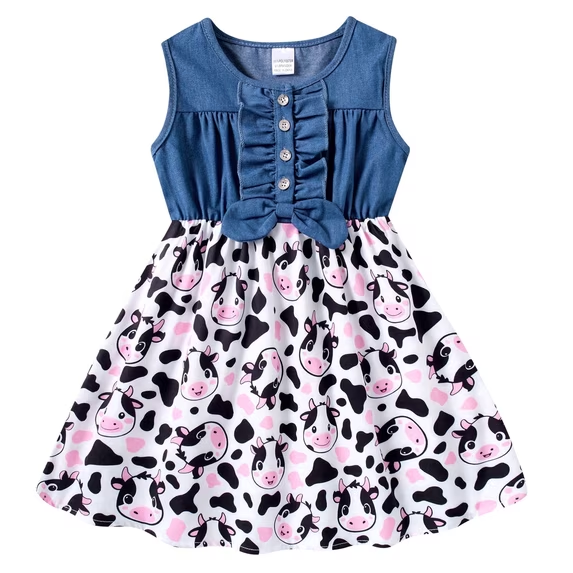 Lanbubble Girls Dresses Sleeveless Denim Dress Ruffle Bowknot Front A-Line Casual Sundress Rainbow Unicorn Dress for Kids 2-8T