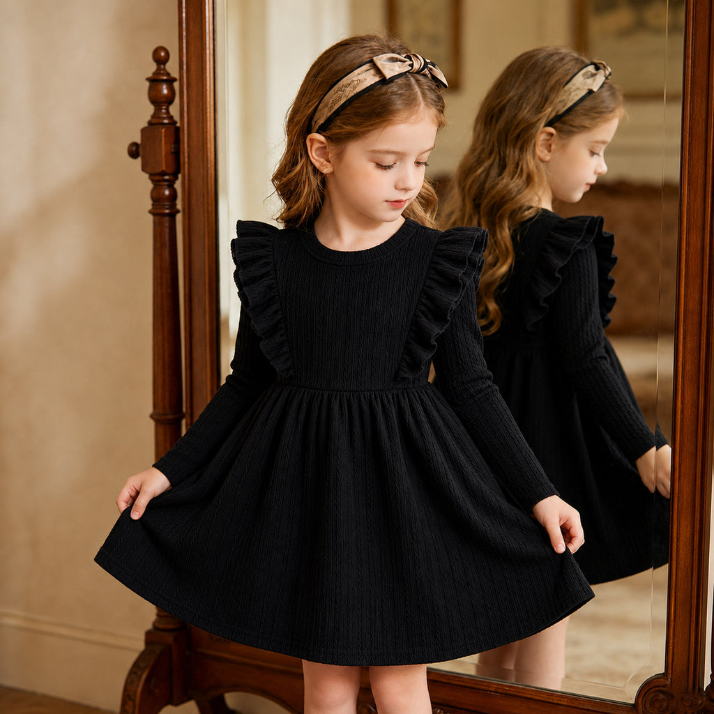Lanbubble Toddler Girls Long Sleeve Ruffle Dress Cable Knit A-Line Sweater Dress Soft Fall Winter Dresses 3T-6T