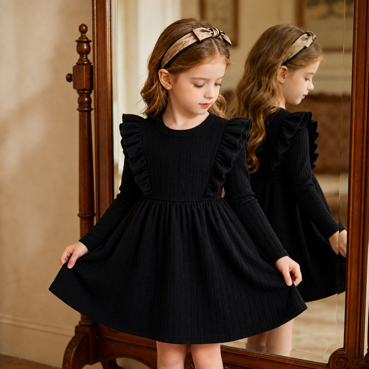 Lanbubble Toddler Girls Long Sleeve Ruffle Dress Cable Knit A-Line Sweater Dress Soft Fall Winter Dresses 3T-6T