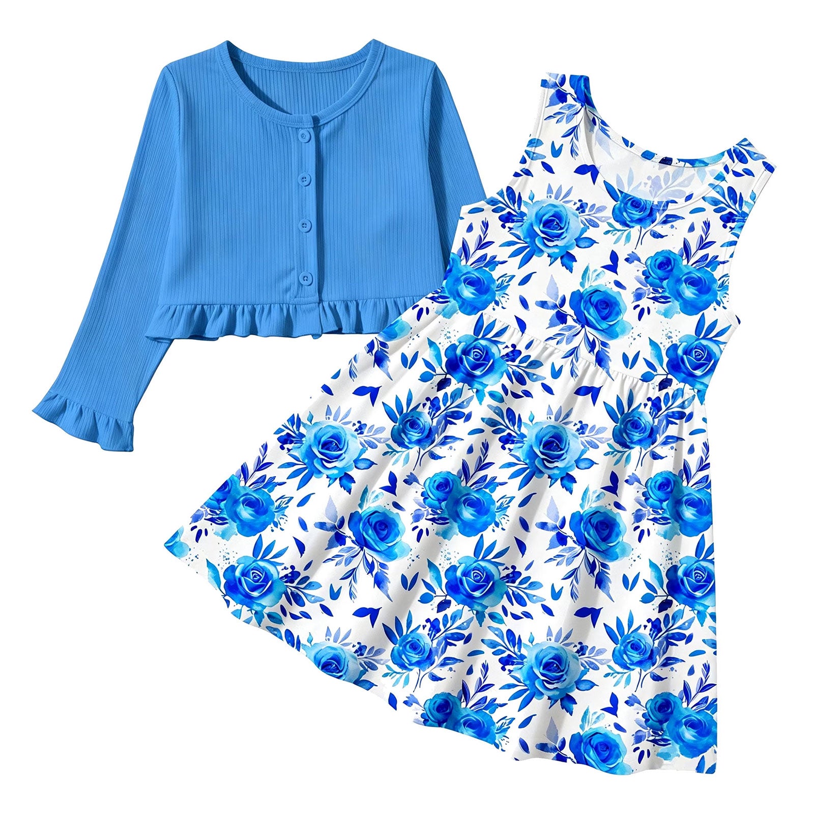 Lanbubble Toddler Girl Sleeveless Dresses and Long Sleeve Ruffle Cardigan 2 Piece Fall Outfits Set for 3-7T