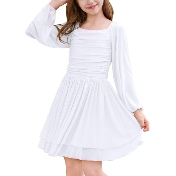 Lanbubble Girls Dresses Puff Long Sleeve Square Neck Homecoming Dress Cute A-Line White Dress For Teens 8-14 Years
