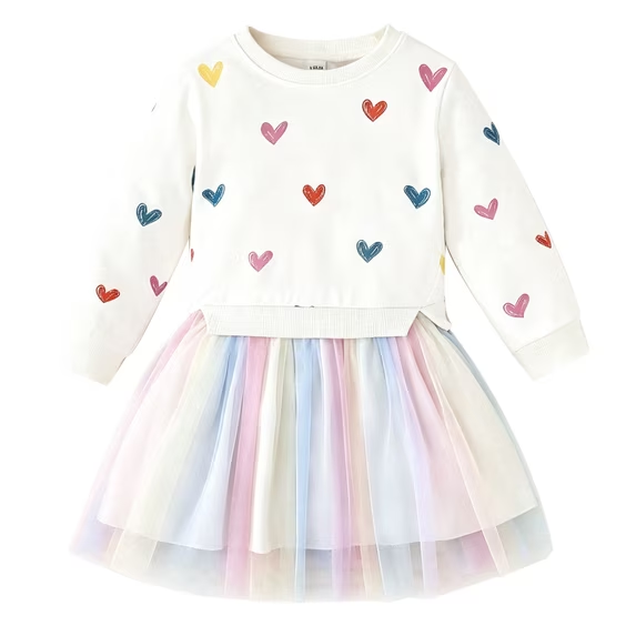 Lanbubble Girls Dresses Long Sleeve Sweat Party Dress With Sequin Tulle Skirt 3-7 Years