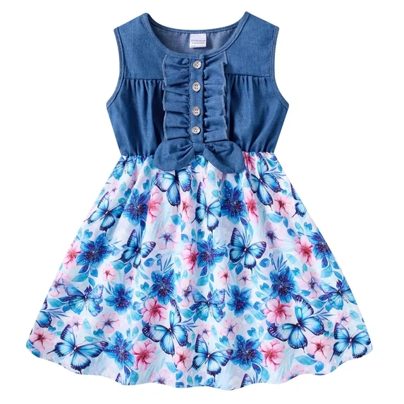 Lanbubble Girls Dresses Sleeveless Denim Dress Ruffle Bowknot Front A-Line Casual Sundress Rainbow Unicorn Dress for Kids 2-8T