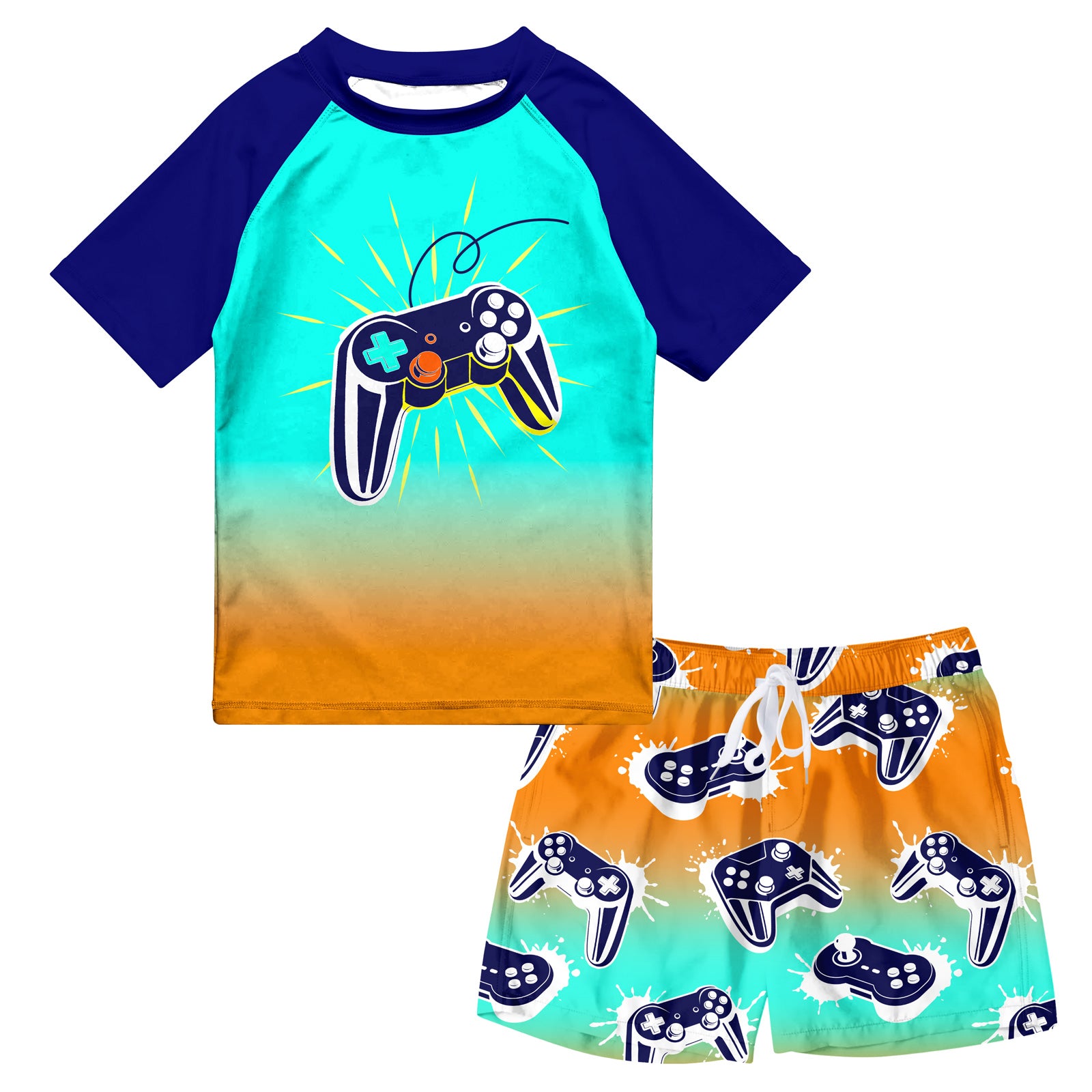 Lanbubble Toddler Boys Swimsuits Set Rash Guard Two Piece Short Sleeve Bathing Suit with Trunks 4-10 Years
