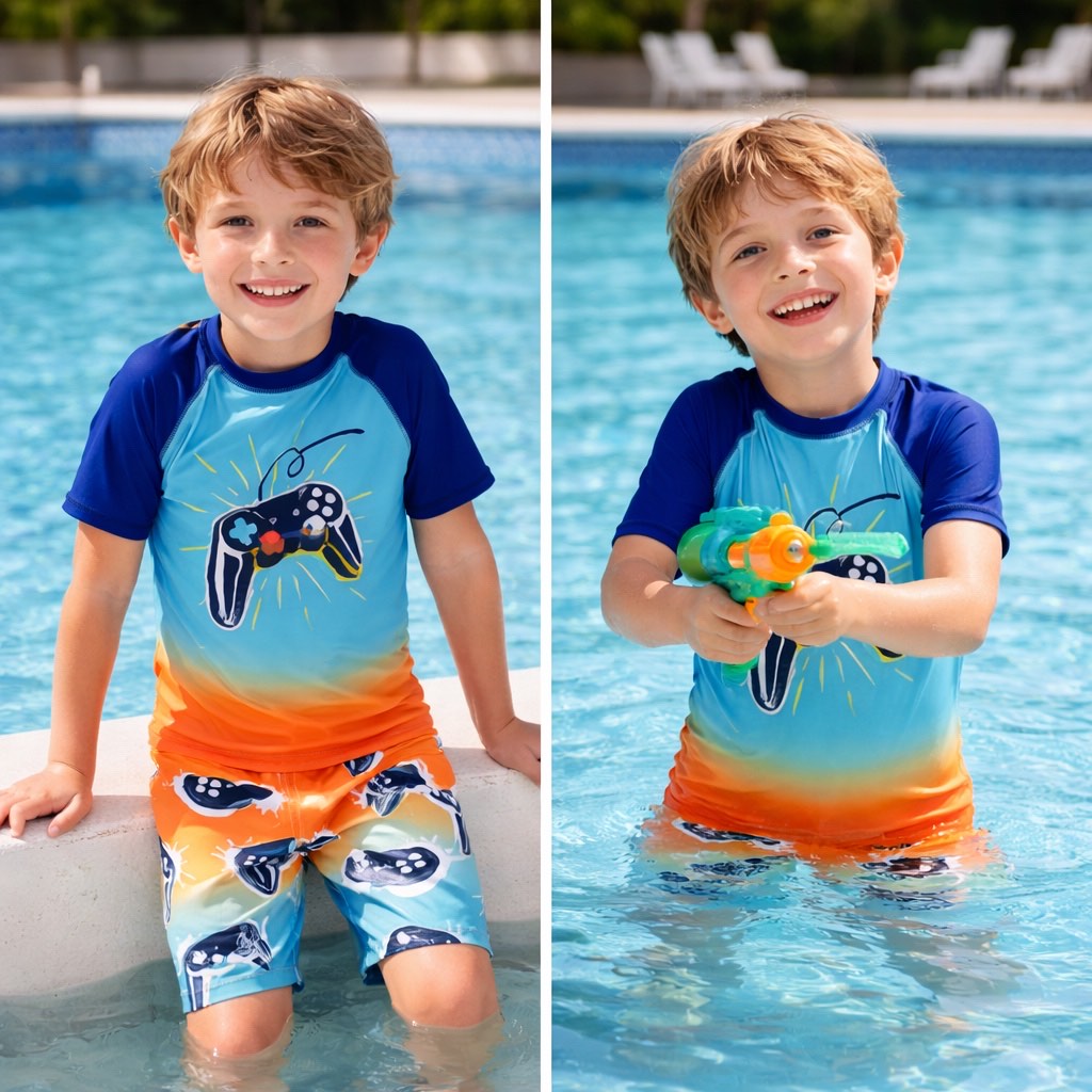 Lanbubble Toddler Boys Swimsuits Set Rash Guard Two Piece Short Sleeve Bathing Suit with Trunks 4-10 Years