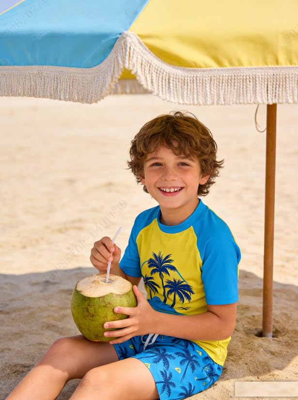 Lanbubble Toddler Boys Swimsuits Set Rash Guard Two Piece Short Sleeve Bathing Suit with Trunks 4-10 Years