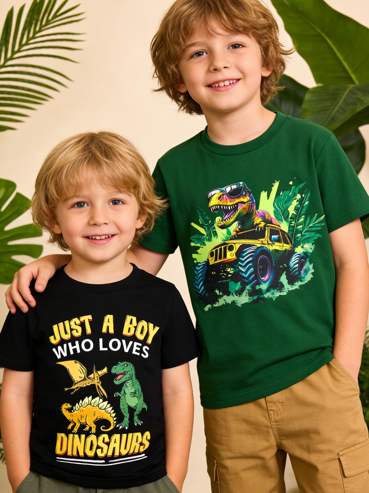 Lanbubble Toddler Boys T-Shirts, 2-Pack Dinosaur Graphic Short Sleeve Cotton Tees, Sizes 2T-6T