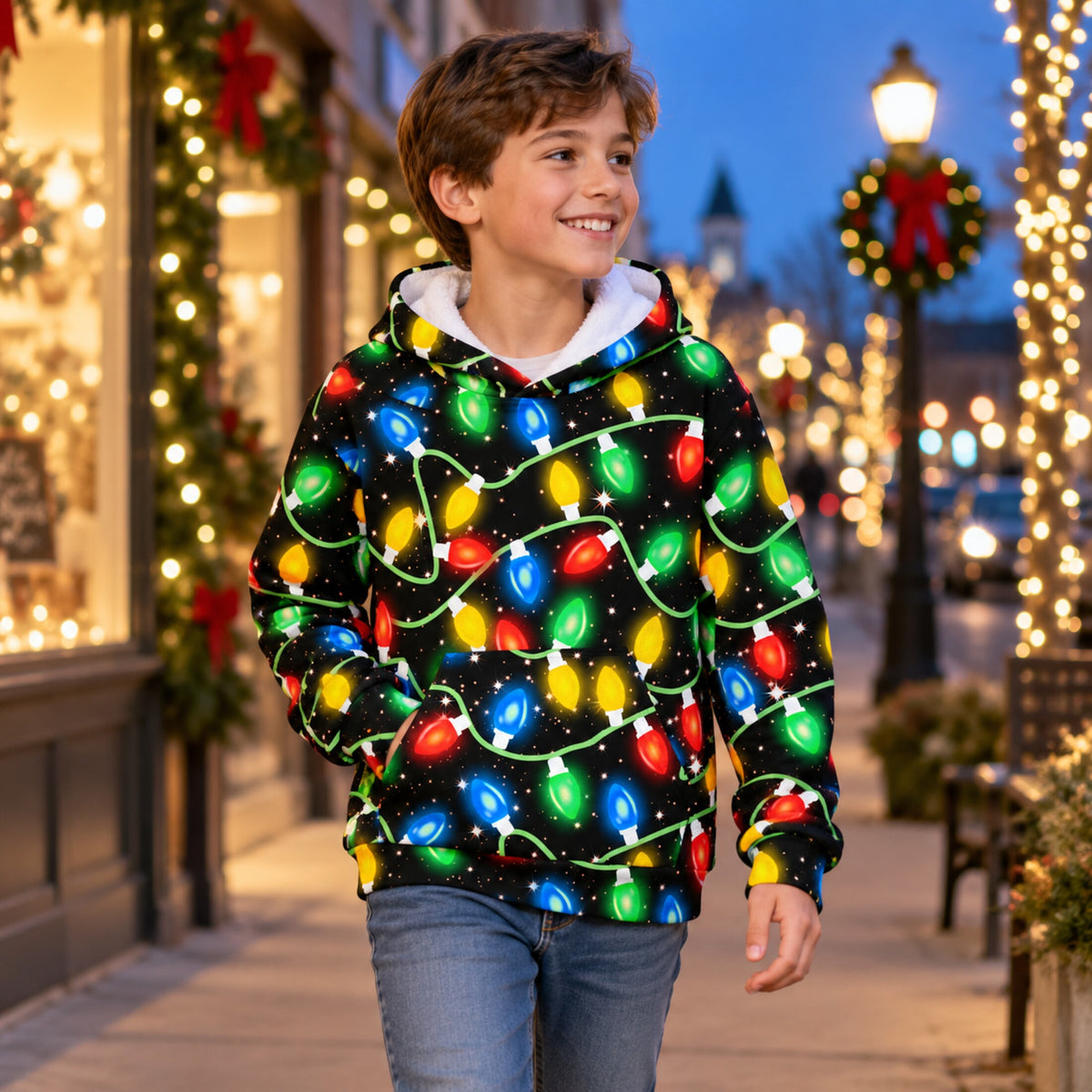 Lanbubble Boys Fleece Lined Christmas Hoodie, Graphic Pullover Sweatshirt with Kangaroo Pocket for Kids 8-14 Y