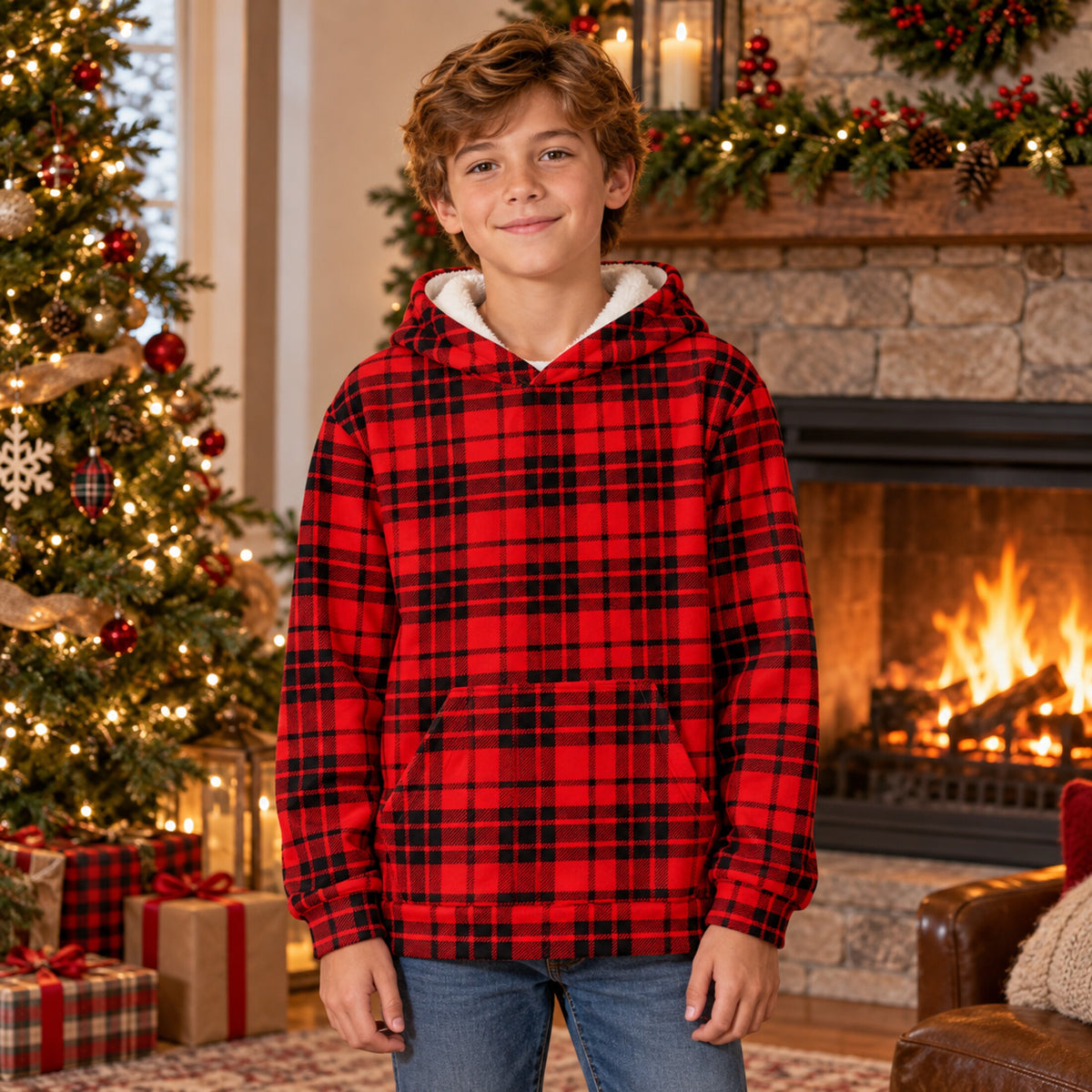 Lanbubble Boys Fleece Lined Christmas Hoodie, Graphic Pullover Sweatshirt with Kangaroo Pocket for Kids 8-14 Y