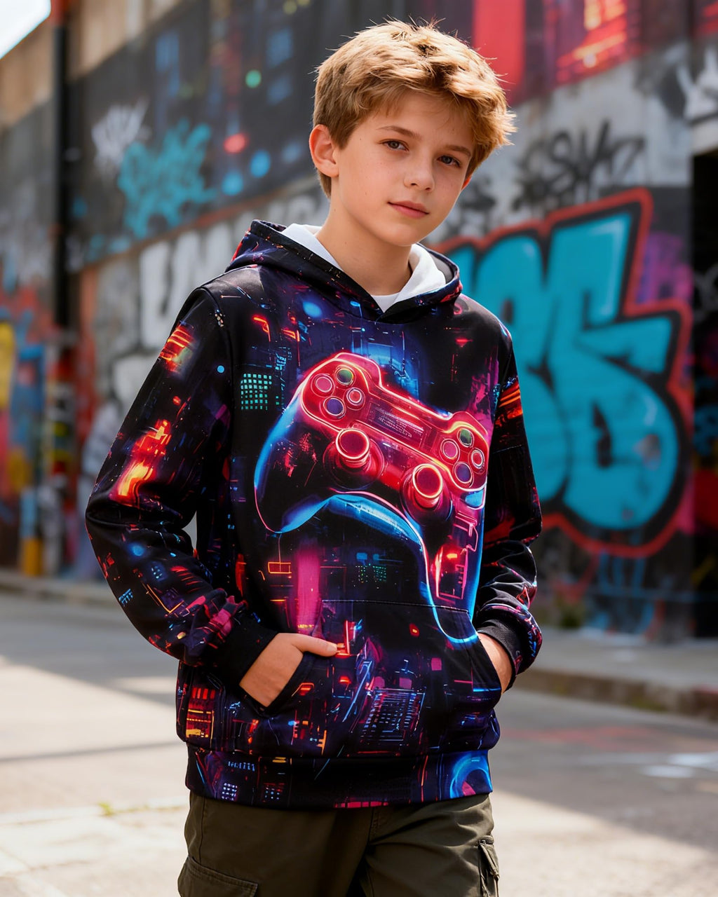 Lanbubble Boys' 3D Graphic Pullover Hoodie Long Sleeve Hooded Sweatshirt with Kangaroo Pocket Sizes 7-14Y