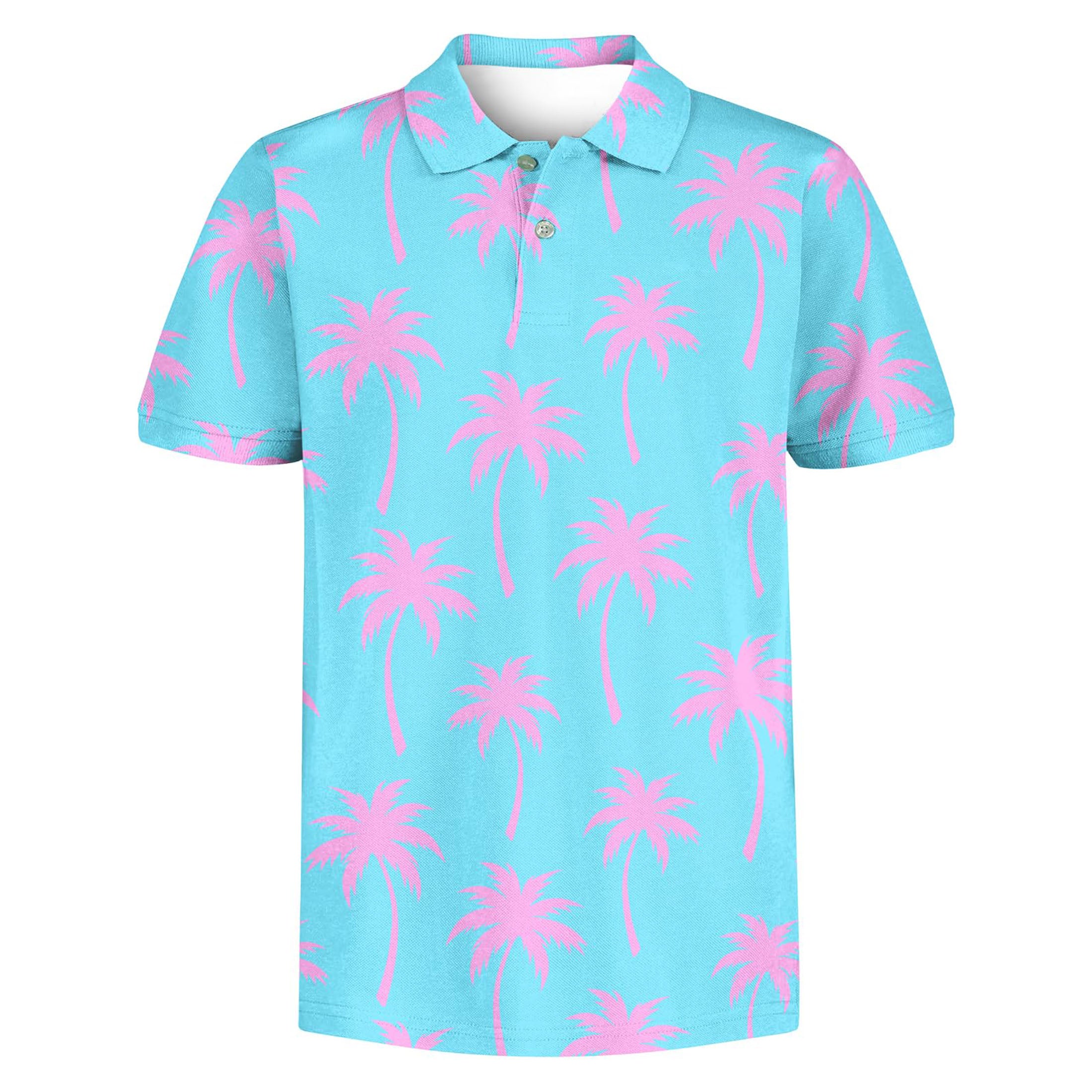 Lanbubble Big Boys Polo Shirts Collared Palm Printed Hawaiian Shirt Short Sleeve Top