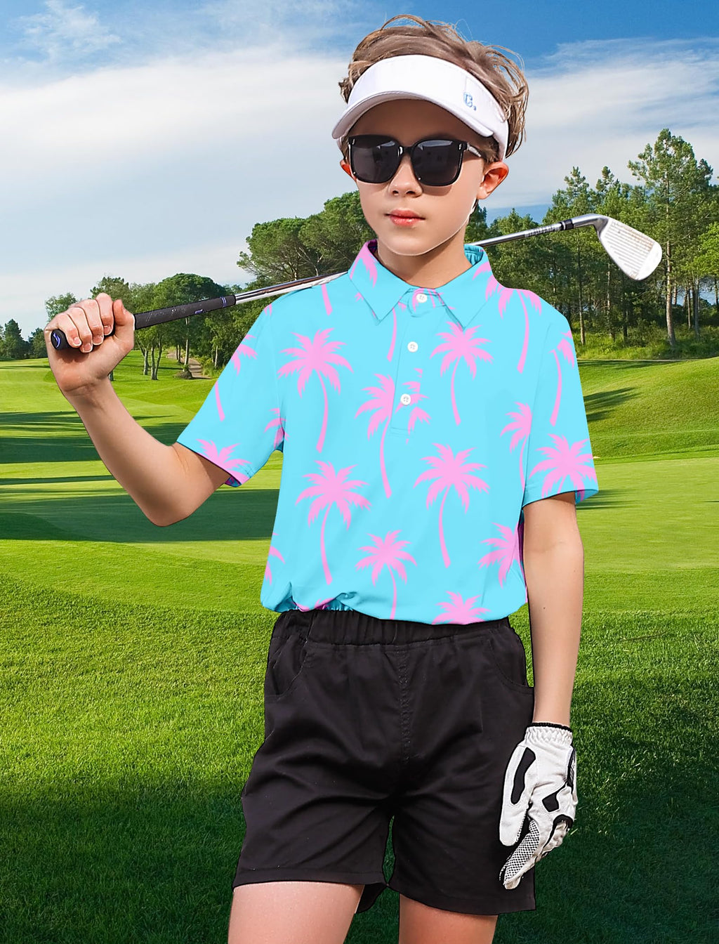 Lanbubble Big Boys Polo Shirts Collared Palm Printed Hawaiian Shirt Short Sleeve Top