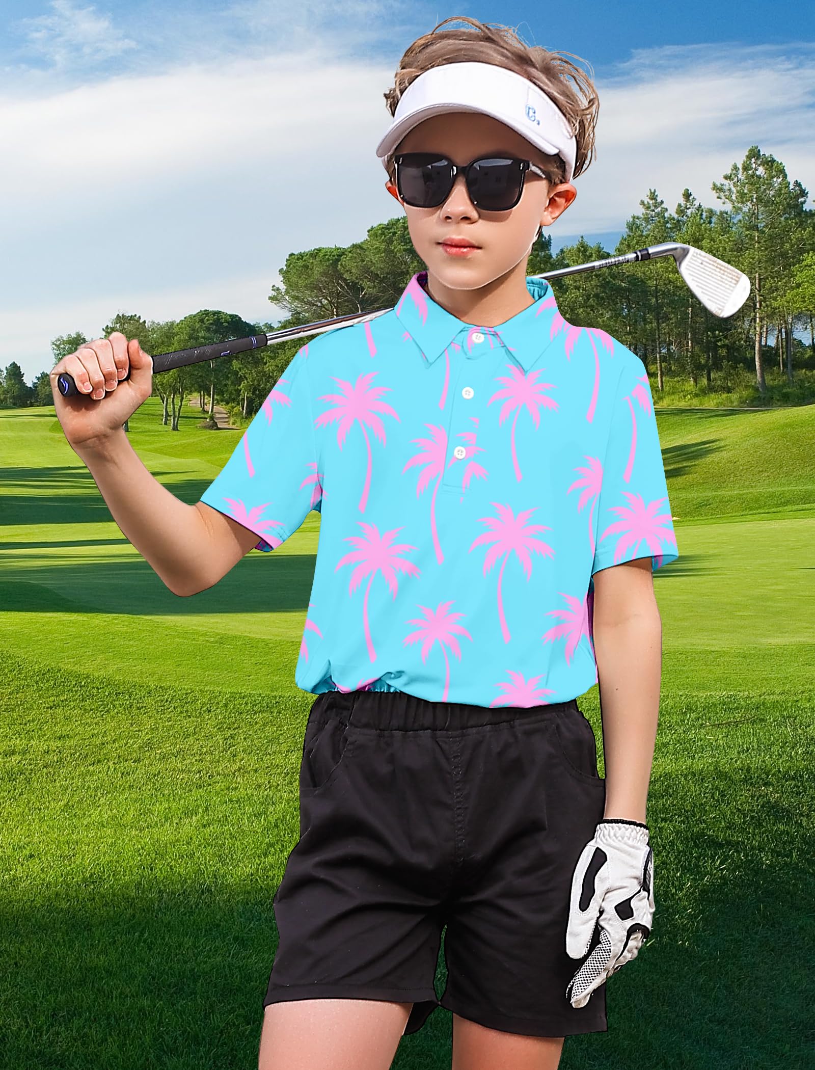 Lanbubble Big Boys Polo Shirts Collared Palm Printed Hawaiian Shirt Short Sleeve Top