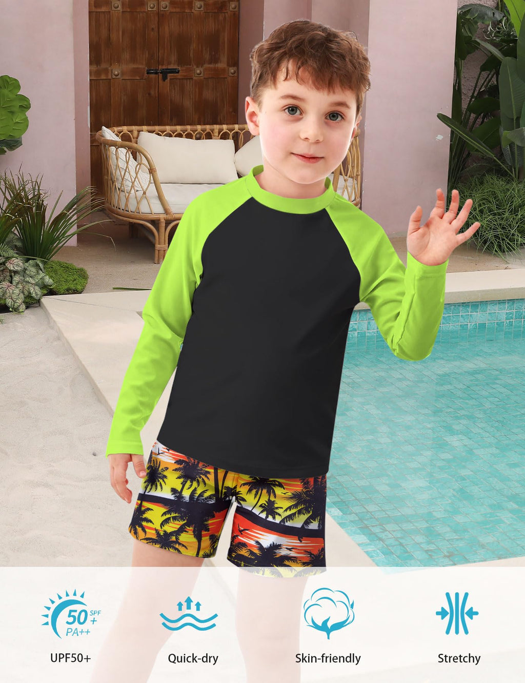 Lanbubble Boys Long Sleeve Rash Guard Swimsuit Kids 2-Pieces Bathing Suits Set