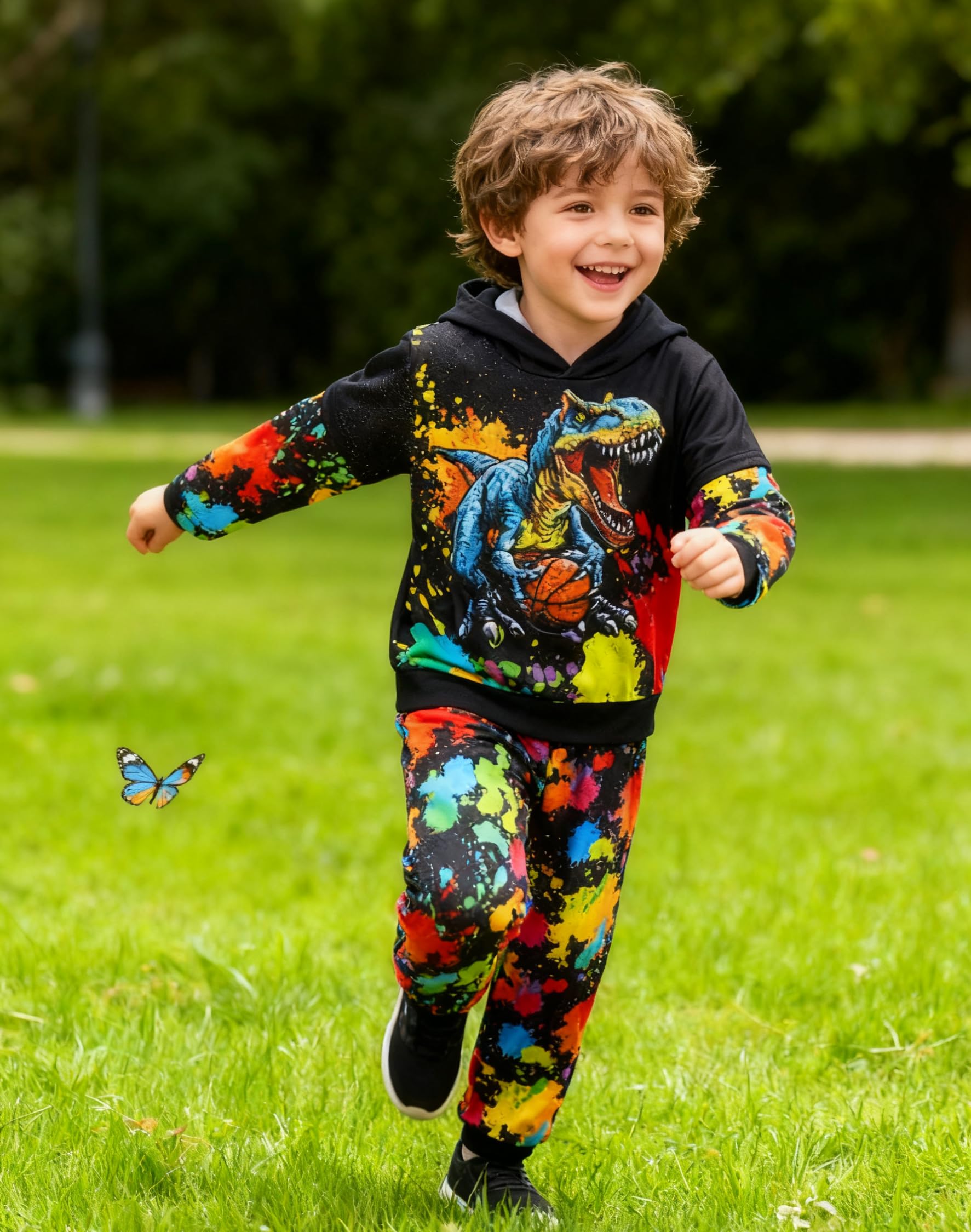 Lanbubble Toddler Boys 2-Piece Outfit 3D Print Long Sleeve Sweatshirt Hoodie and Jogger Pants Set for Ages 2-6T, Casual Matching Clothes