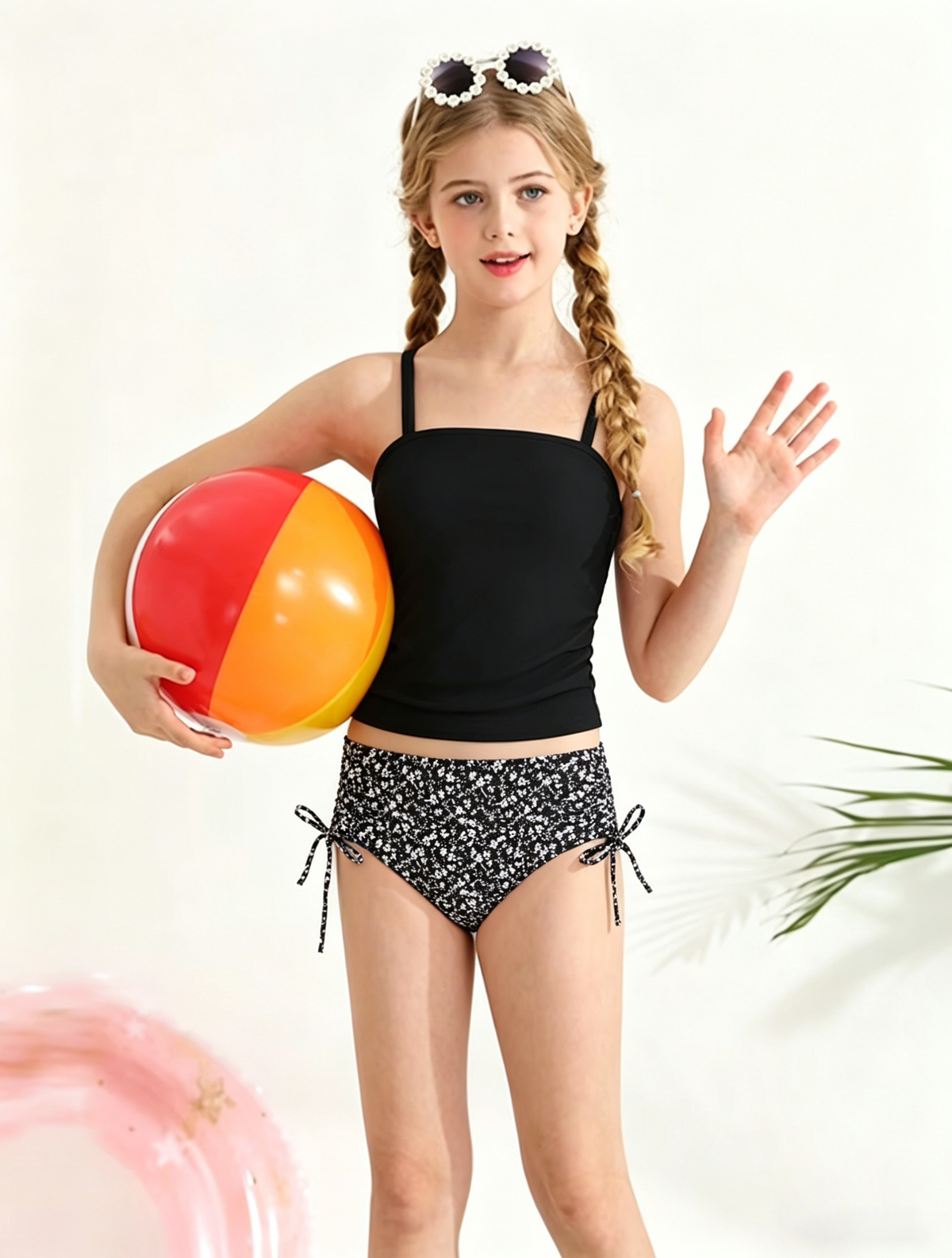 Lanbubble Girls Tankini Swimsuits for Teens 2 Piece Padded Bathing Suit Drawstring Swimwear Set 9-16T