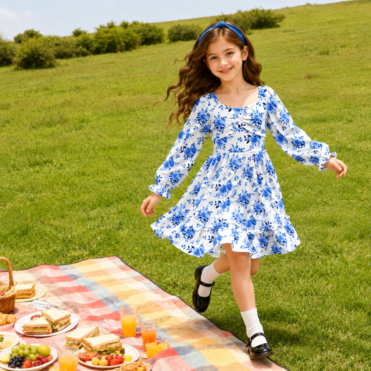 Lanbubble Girls Fall Dress Long Sleeve Floral Tiered Casual Flowy Dresses Square Neck A Line 7-14Y