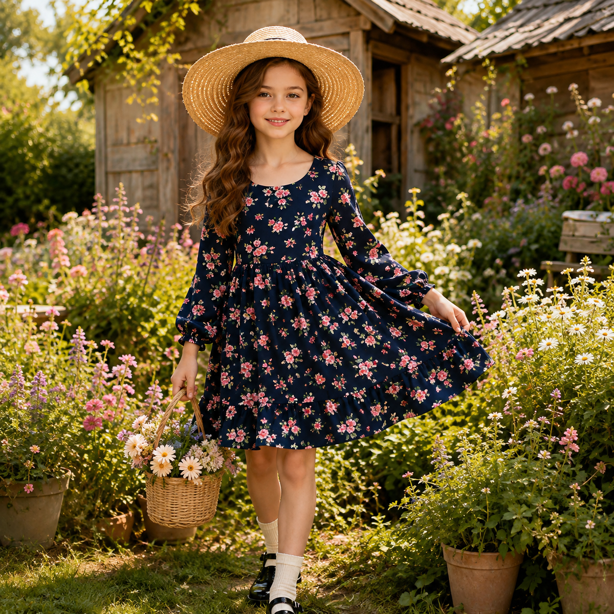 Lanbubble Girls Fall Dress Long Sleeve Floral Tiered Casual Flowy Dresses Square Neck A Line 7-14Y