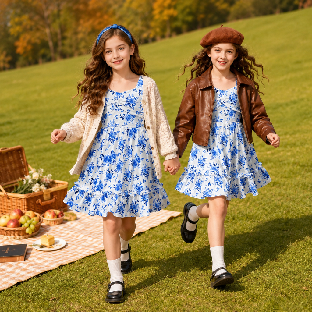 Lanbubble Girls Fall Dress Long Sleeve Floral Tiered Casual Flowy Dresses Square Neck A Line 7-14Y