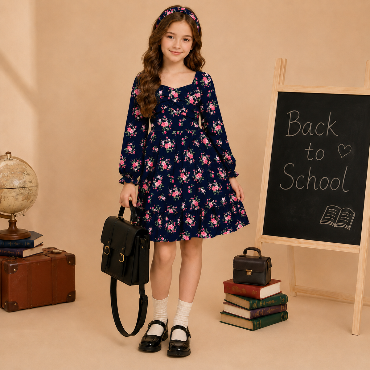 Lanbubble Girls Fall Dress Long Sleeve Floral Tiered Casual Flowy Dresses Square Neck A Line 7-14Y
