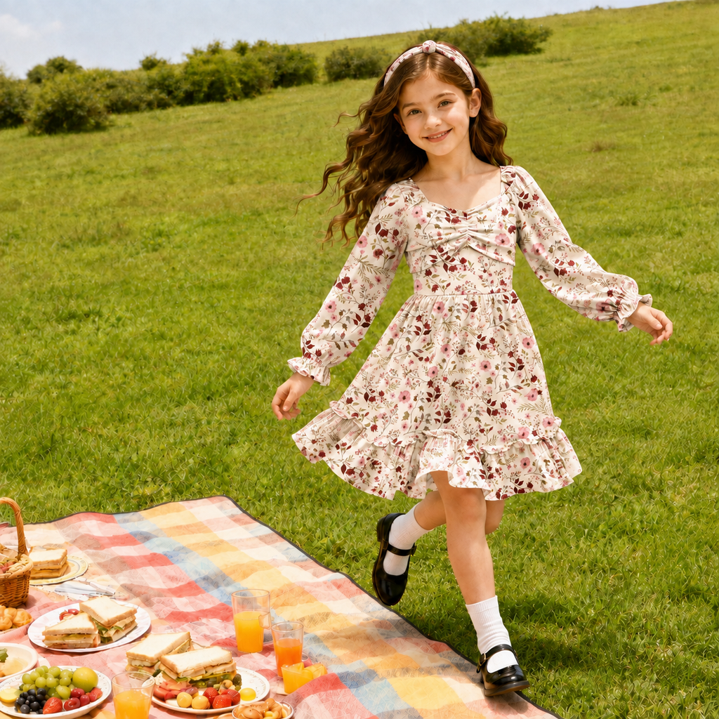 Lanbubble Girls Fall Dress Long Sleeve Floral Tiered Casual Flowy Dresses Square Neck A Line 7-14Y